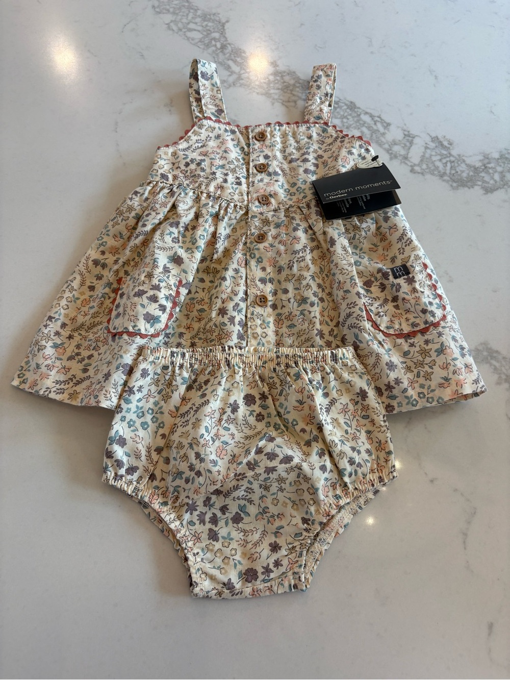 Gerber Cream Floral Baby Dress with Pink Trim